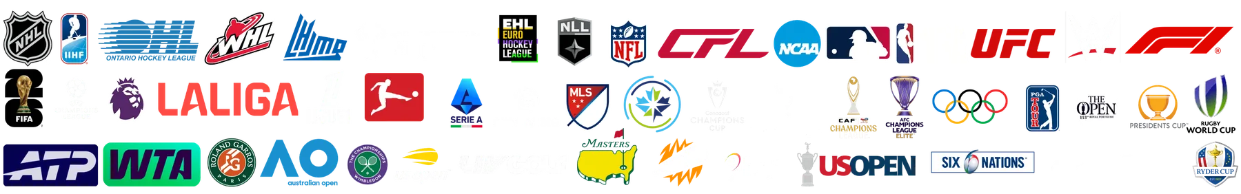 League logos carried by TiviLeaf, including NHL, NFL, CFL, NBA, MLB, NCAA, UFC, WWE, Premier League, LaLiga, Bundesliga, MLS and Formula 1